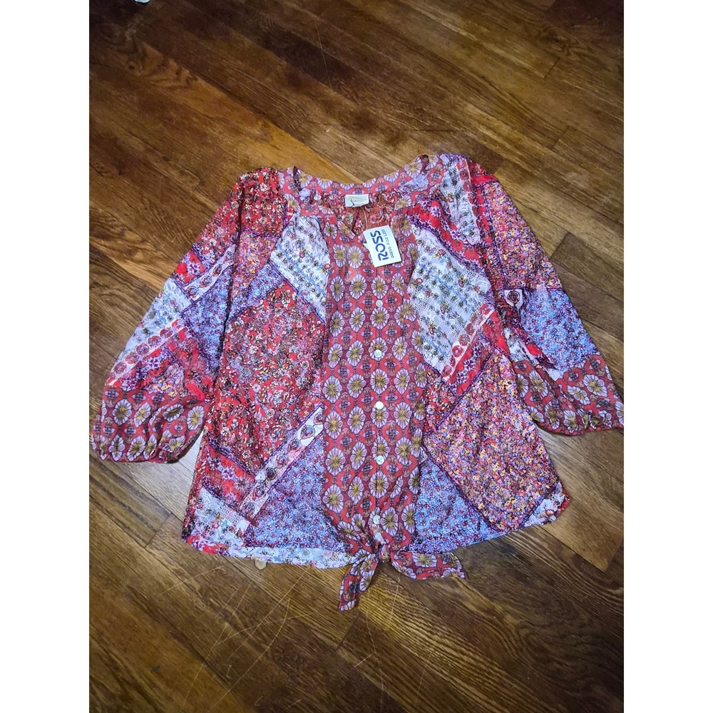 Fig and Flower Mixed Patchwork Floral Lace Tie Front Blouse Red Blue Sm KAT1991